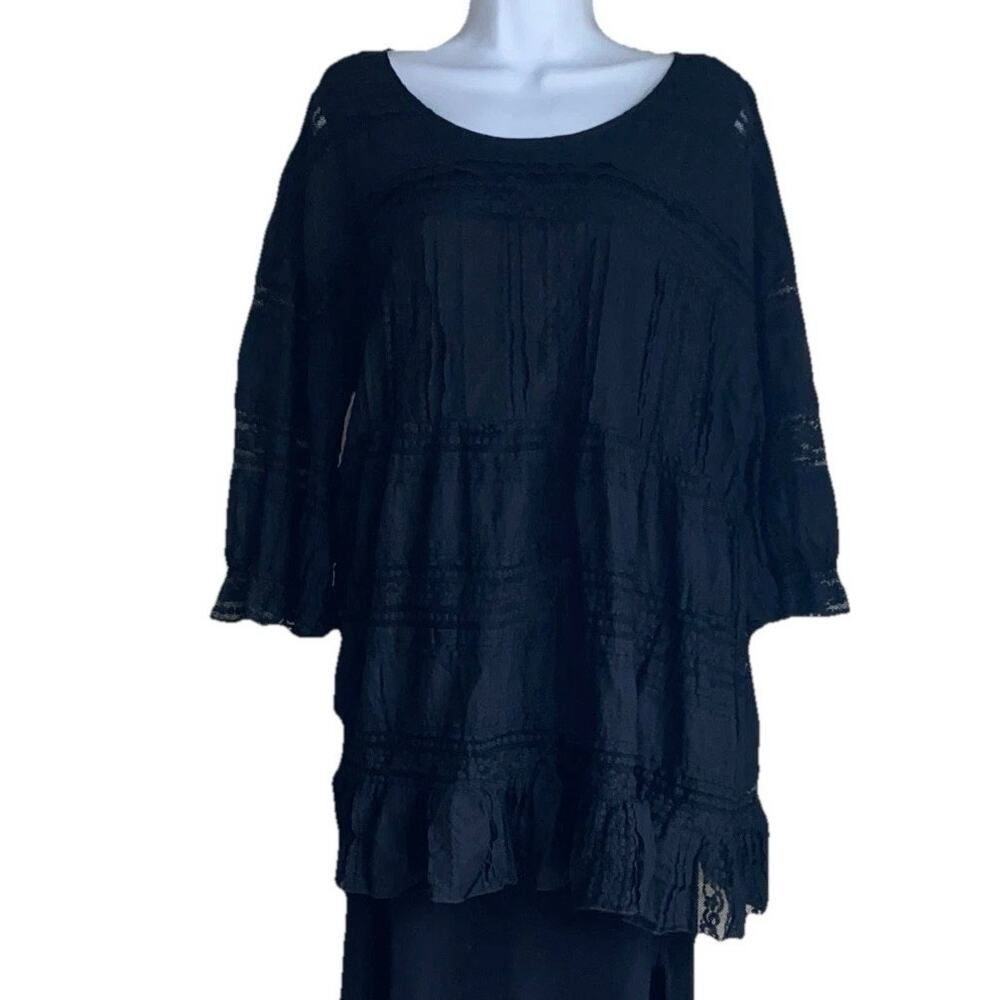 Paisley Vine  Women's L Black Lace Tiered Tunic Top Sheer Boho Peasant Blouse